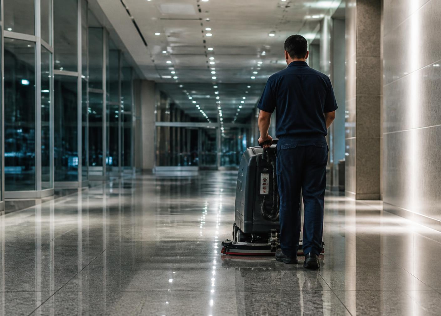 Technician machine-scrubbing a commercial hallway floor after hours