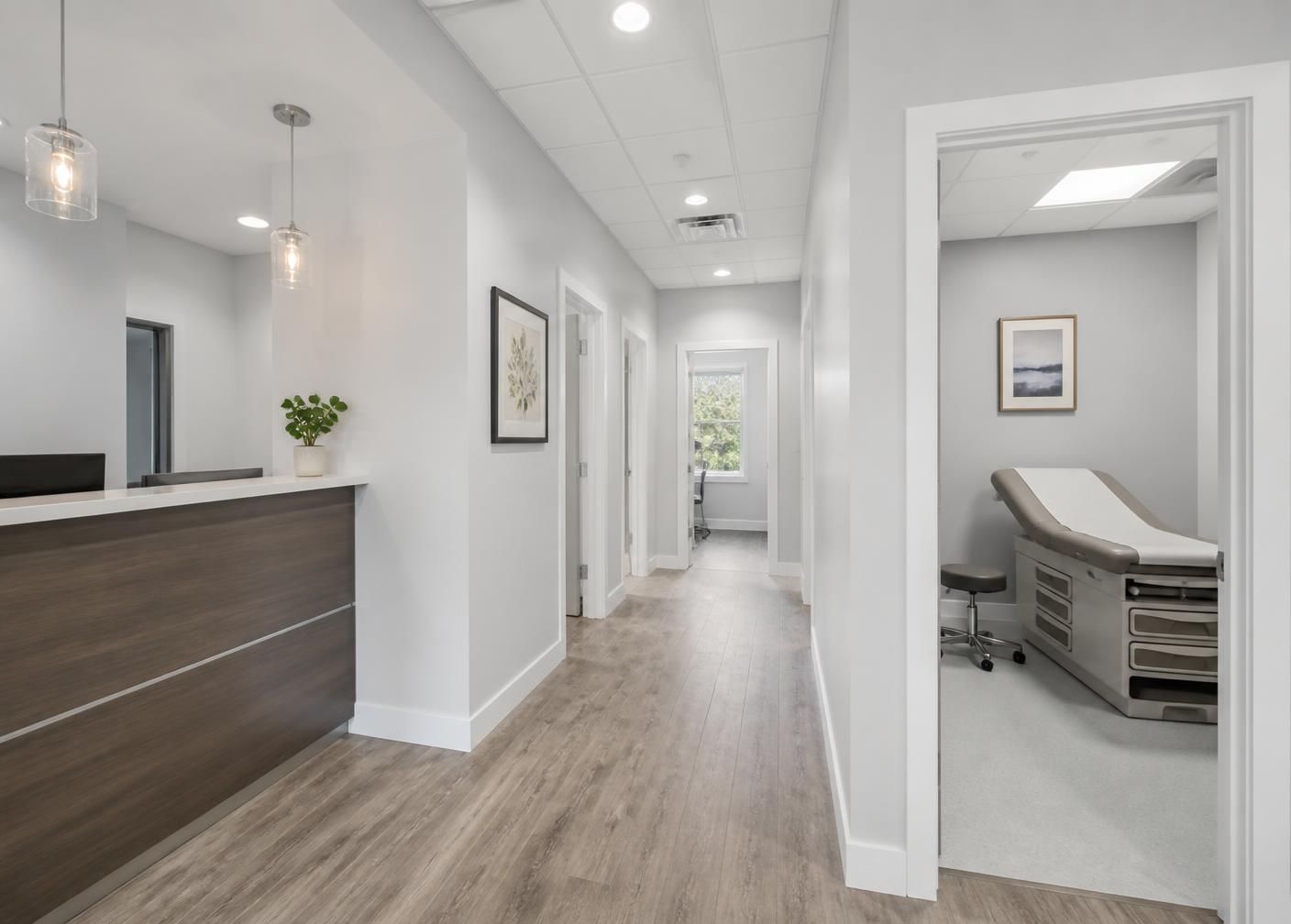 Immaculate medical office corridor and reception area